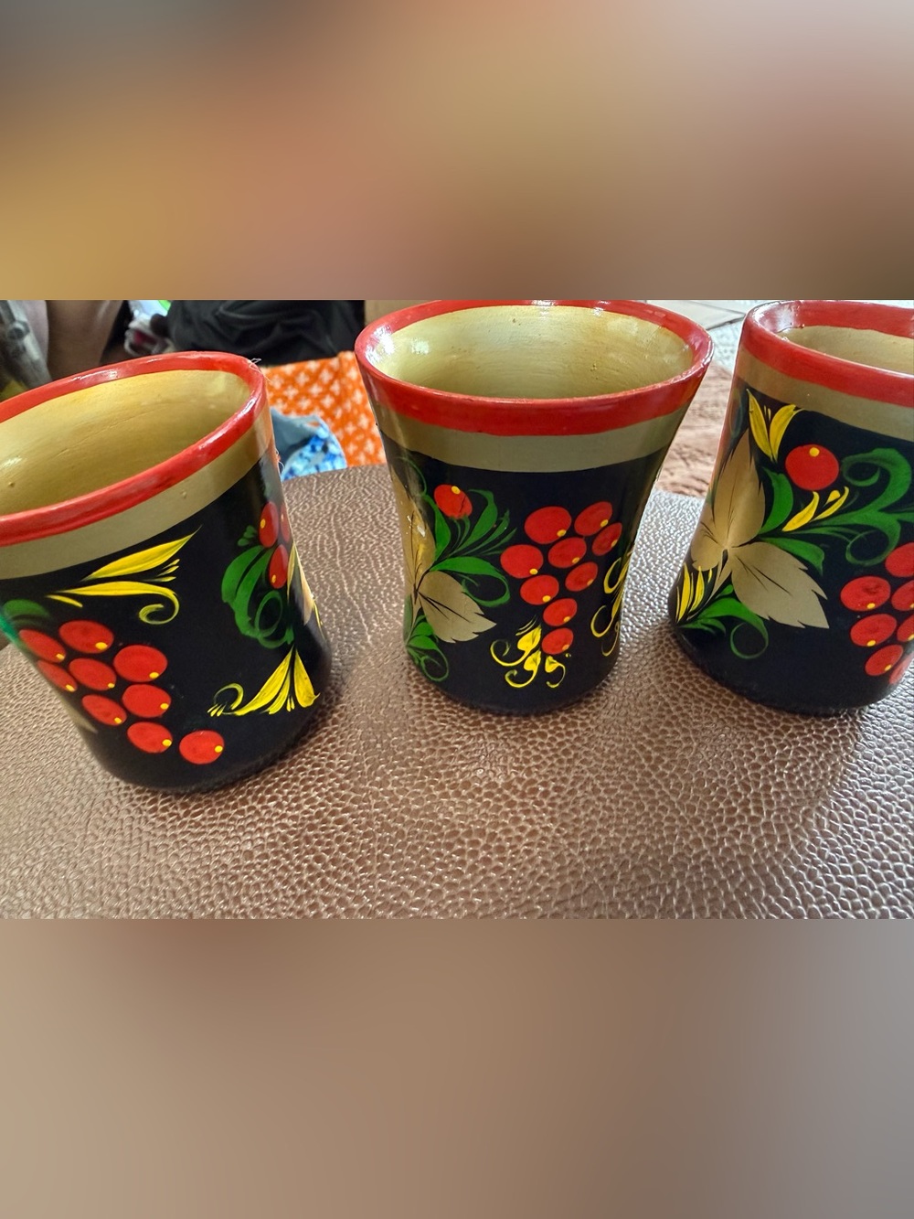 Russian Folk Art Khokhloma Hand Painted Wooden Lacquer Cup Set of 3